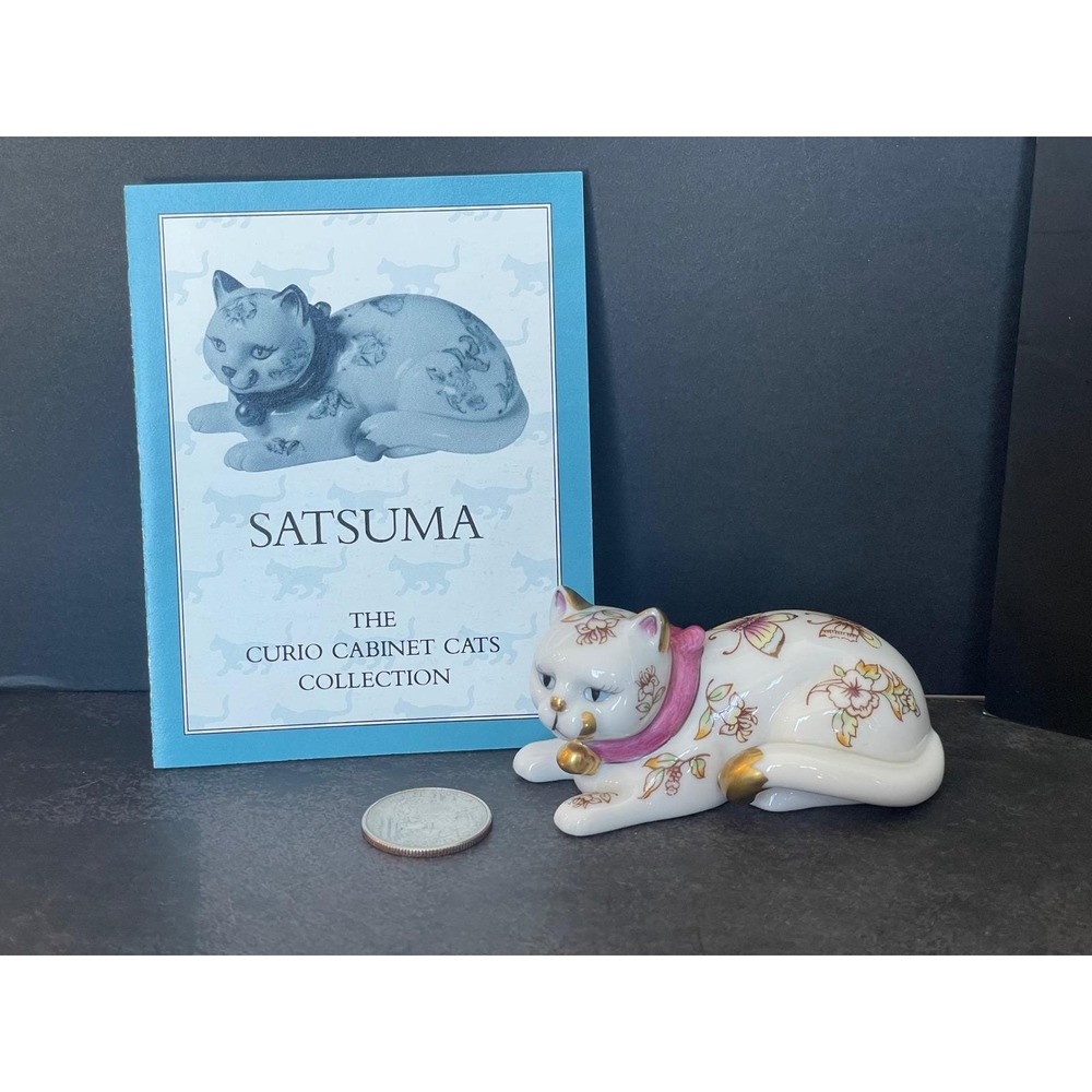 Franklin Mint '88 Satsuma Curio Cabinet Cat Porcelain Figurine Gold Gilded White